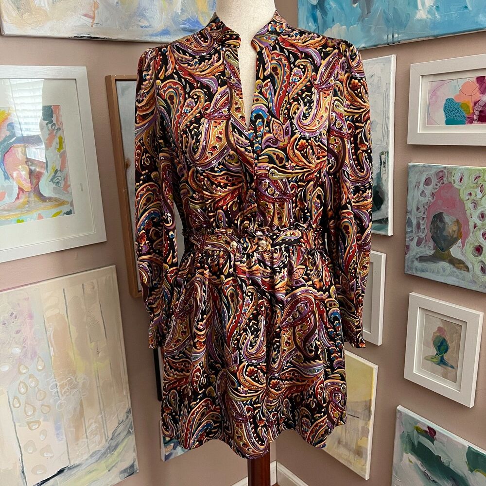 Zara Paisley Mini Dress Boho Retro Statement Festival Artsy Eclectic Tie Waist M